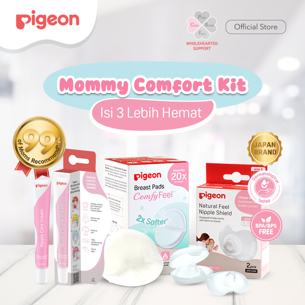 PIGEON Mommy Comfort Kit | Breast Pads isi 12pcs, Nipple Care Cream 20g, Natural Feel Nipple Shield 