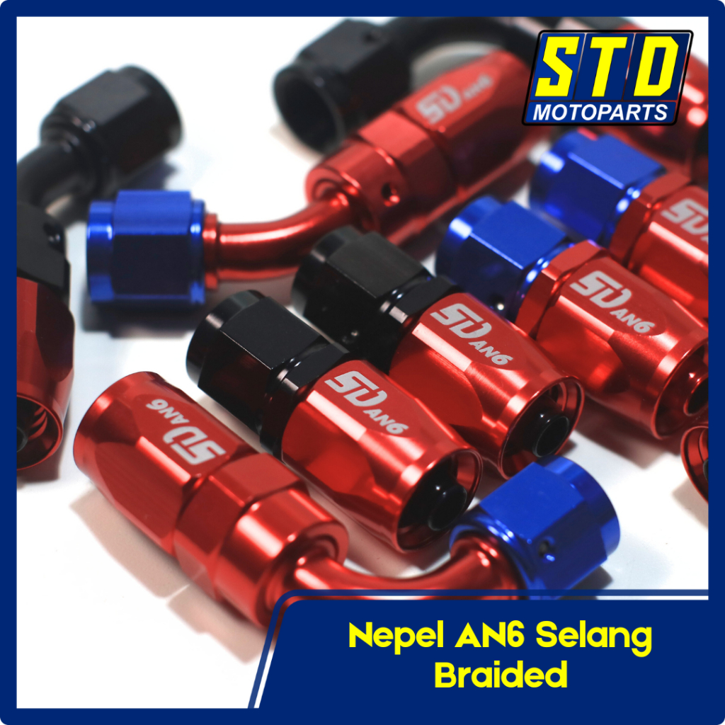 Nepel selang AN6 Braided Hose Swivel Fitting (Straight, 45°, 90°) Biru & Hitam