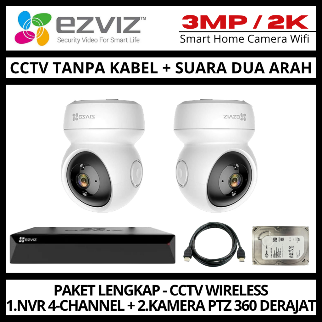 Paket CCTV EZVIZ 3MP 4 Channel 2 Kamera CCTV WIFI Camera Wireless Kamera Wifi