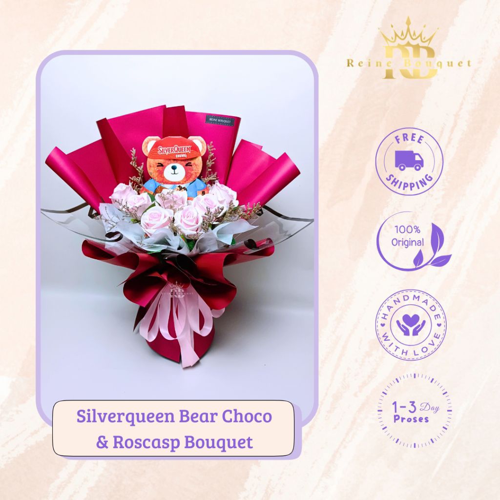 Chocolate SilverQueen Bear and Rose Flower Artificial Bouquet | Buket Coklat dan Bunga Mawar Artific