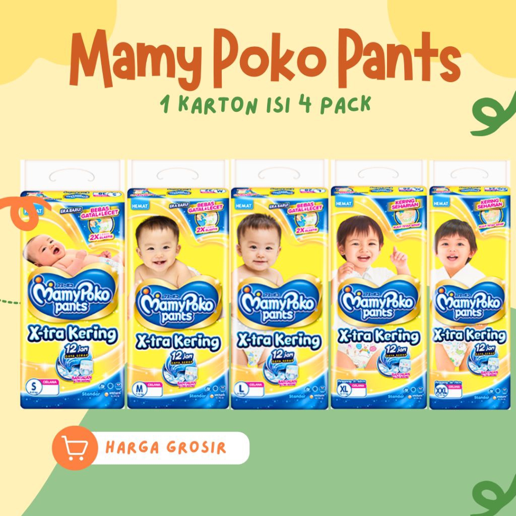 Popok Bayi MamyPoko Pants X-tra Kering Ukuran S M L XL XXL – 1 Karton Isi 4 Pack – Harga Grosir Term