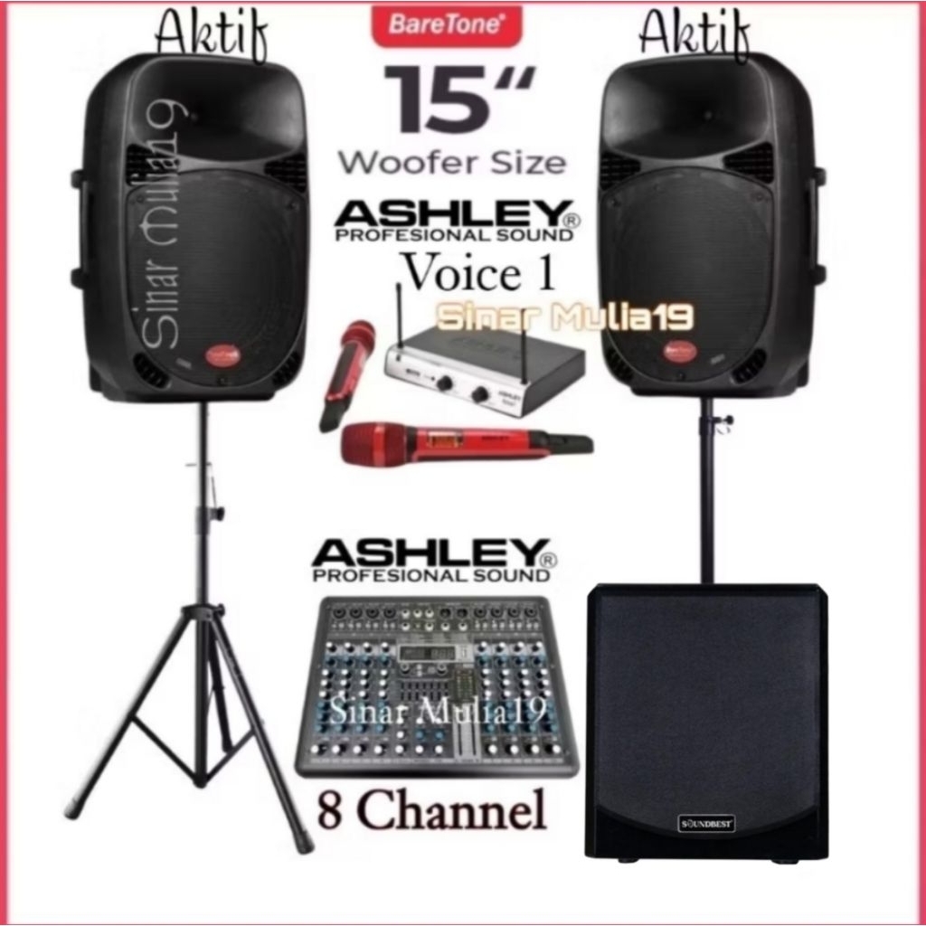 Paket Sound System BareTone 15 Inch Aktif Max15mb Subwoofer Aktif Soundbest SW12 Pro Mixer Ashley SM