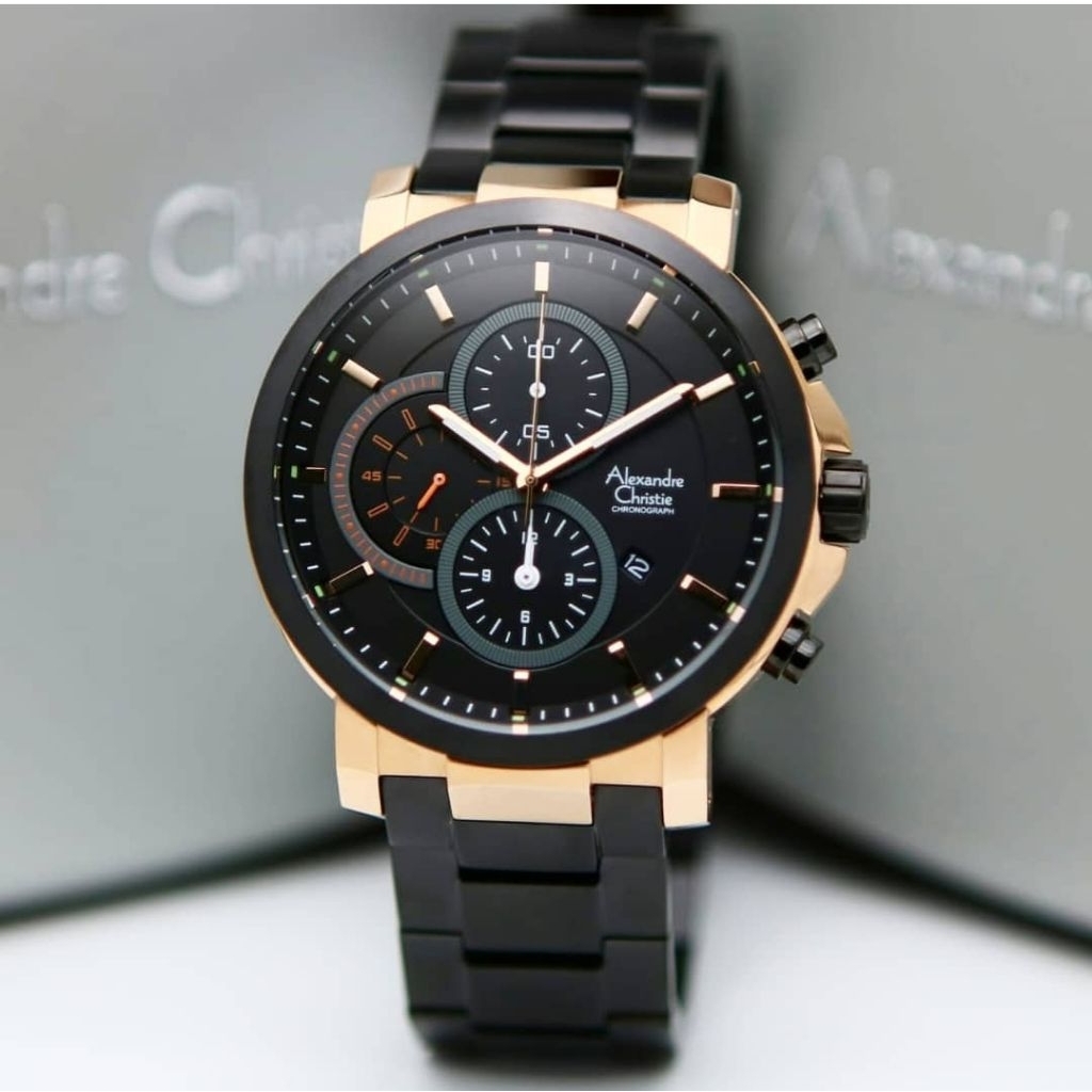 ORIGINAL GARANSI RESMI JAM TANGAN PRIA ALEXANDRE CHRISTIE BLACK ROSEGOLD RANTAI STAINLESS STEEL COWO