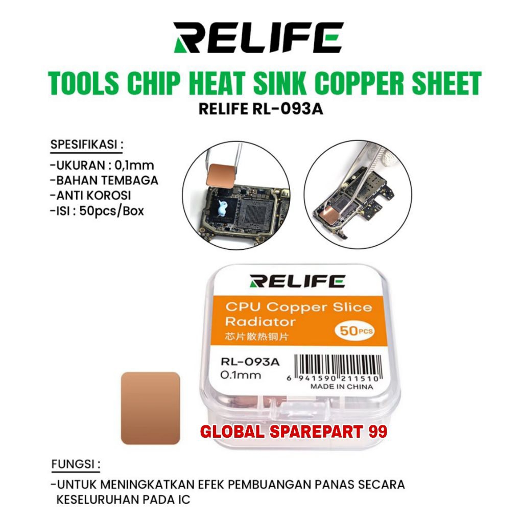 (RELIFE RL-093A RL-093B RL-093C) LEMBARAN TEMBAGA PENDINGIN CHIP IC CPU 50 PCS - CHIP HEAT SINK COPP