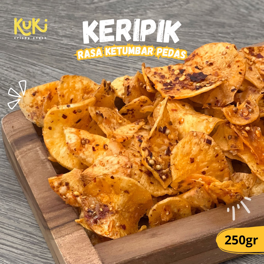 

Keripik Singkong keriwil Rasa Ketumbar Pedas 250 Gram, Camilan Keripik Asin gurih Extra Chili Oil