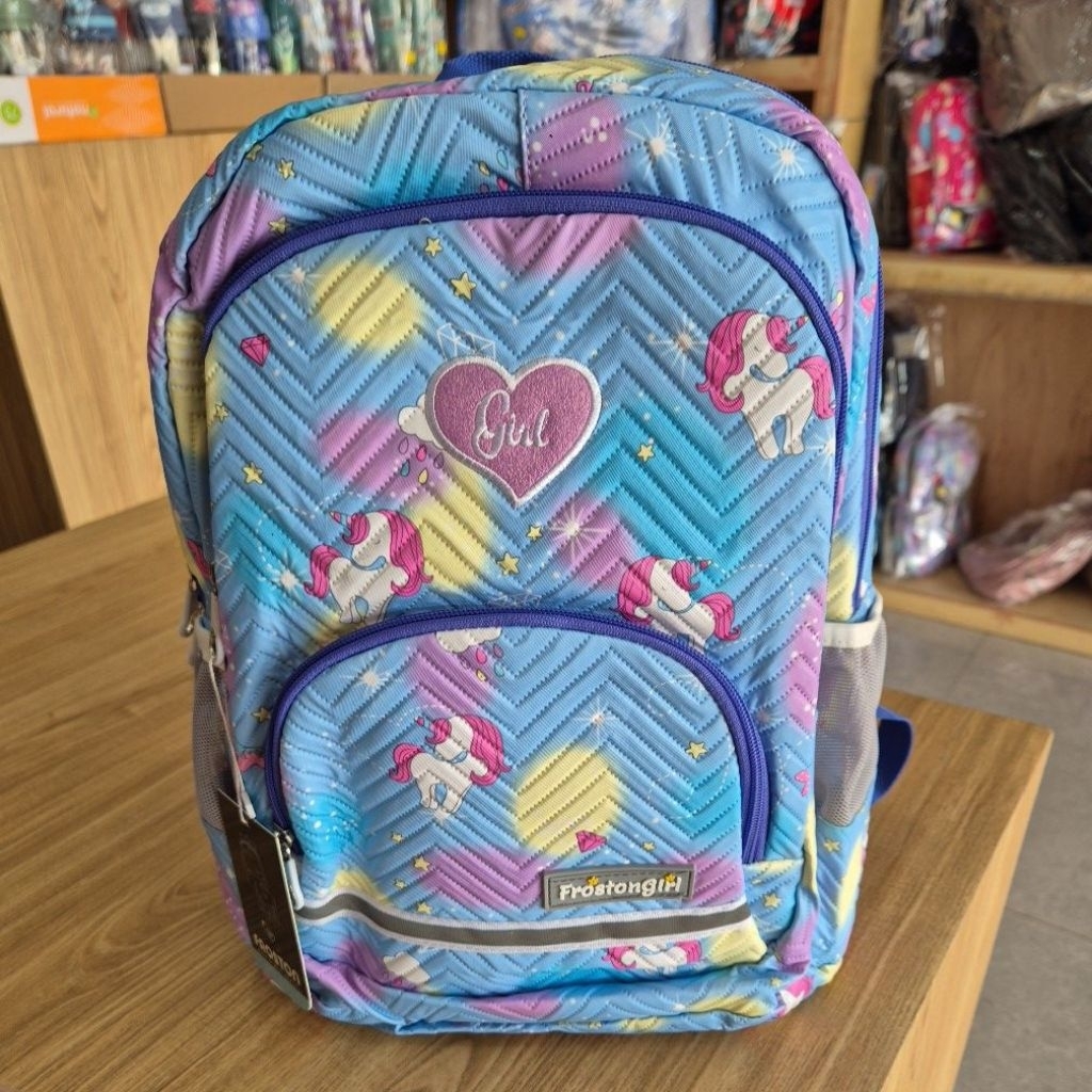 Tas Sekolah Anak Ransel Laptop Warna Biru Gradasi Pelangi Rainbow Motif Unicorn Ukuran 27x36x12cm SD