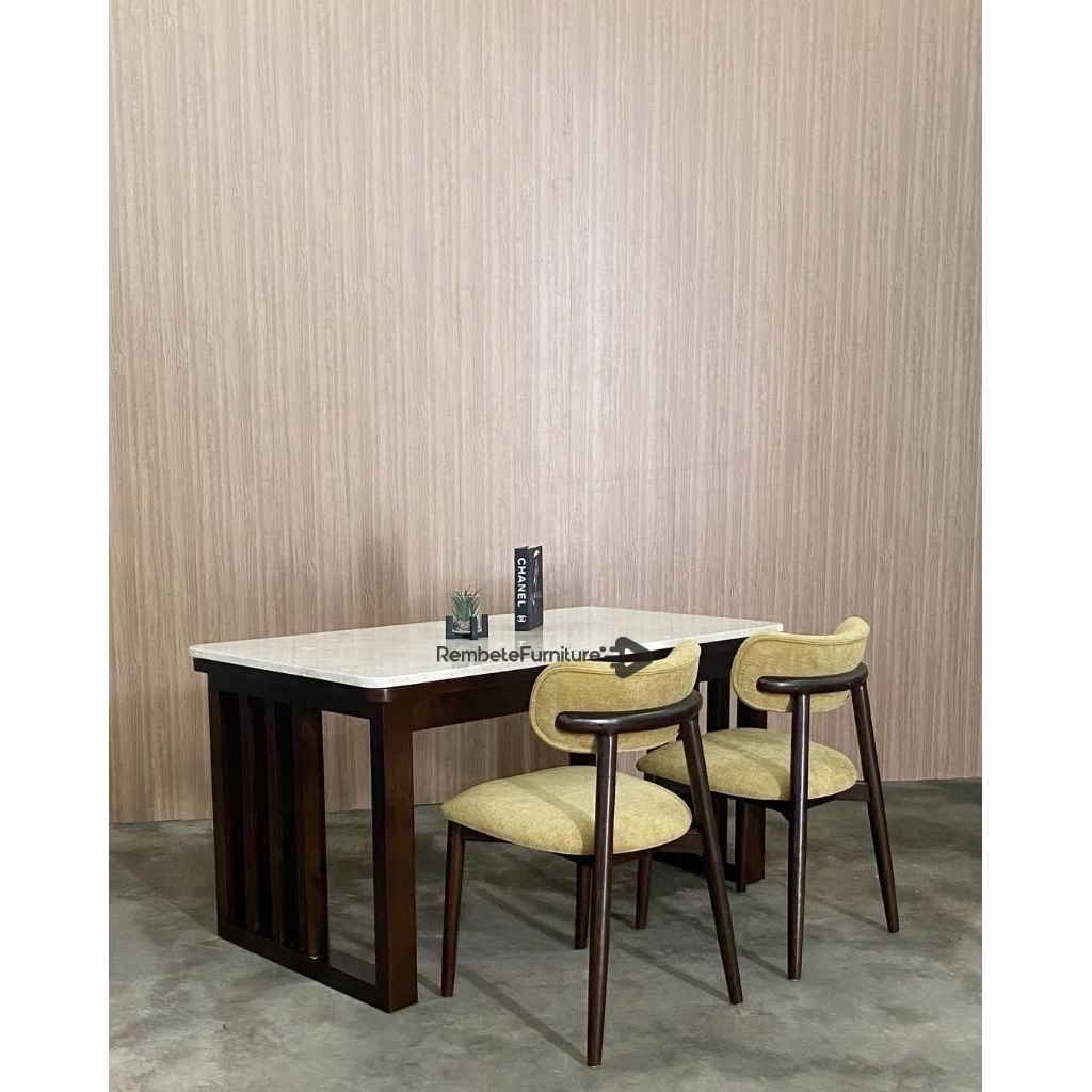 RembeteJati - Meja Makan Marmer 2 Kursi | Meja Makan Minimalis Marmer Cream Dining Table Set