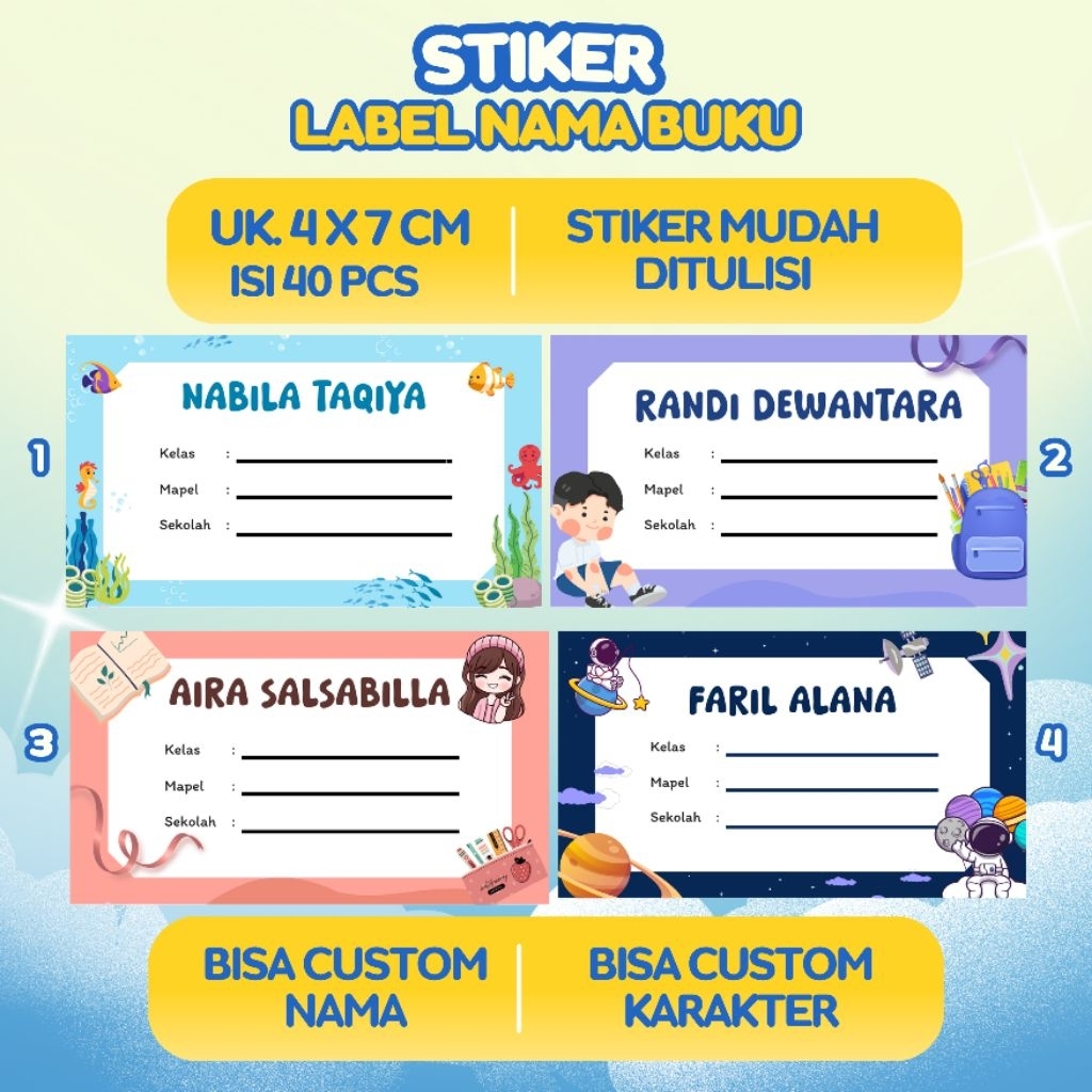 

[40 pcs ] STIKER / LABEL NAMA BUKU / MAPEL/CUSTOM NAMA / MATA PELAJARAN / SEKOLAH