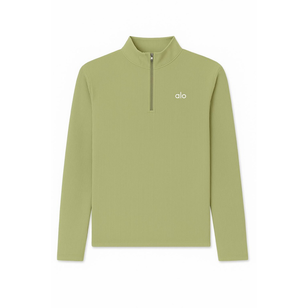 Baju Atasan Wanita Lengan Panjang Ribbed Quarter Zip Warna Sage Green