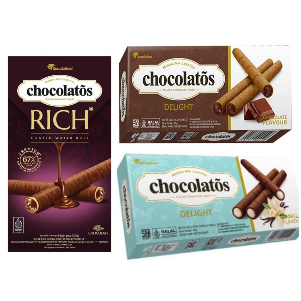 

Chocolatos Delight Wafer Roll Cokelat vanila coated rich