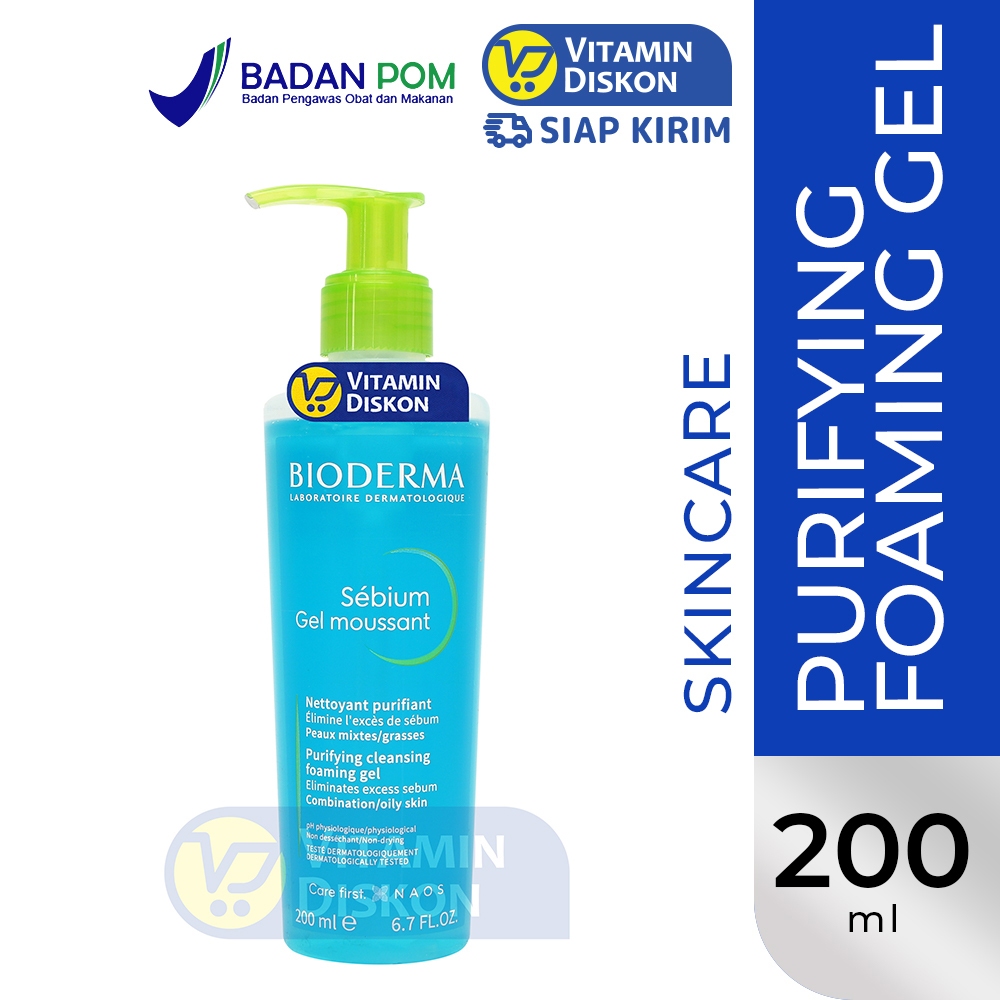 BIODERMA SEBIUM GEL MOUSSANT 200ML | Pembersih Wajah, Facial Wash untuk Kulit Kombinasi, Berminyak, 