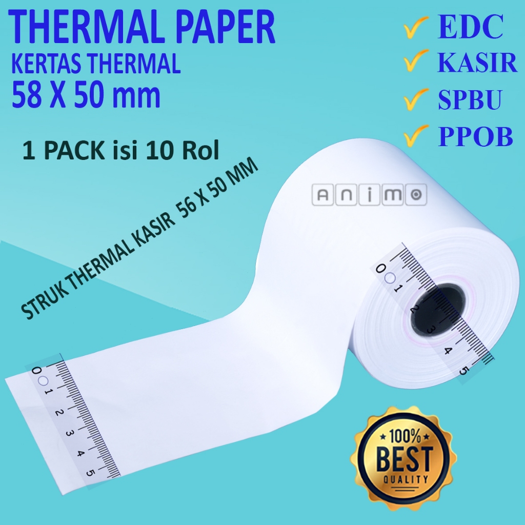 

THERMAL PAPER 58 x 50 MM isi 10 Rol - Kertas Thermal 58x50 - Struk Thermal Kasir 58 X 50 MM isi 10 Rol