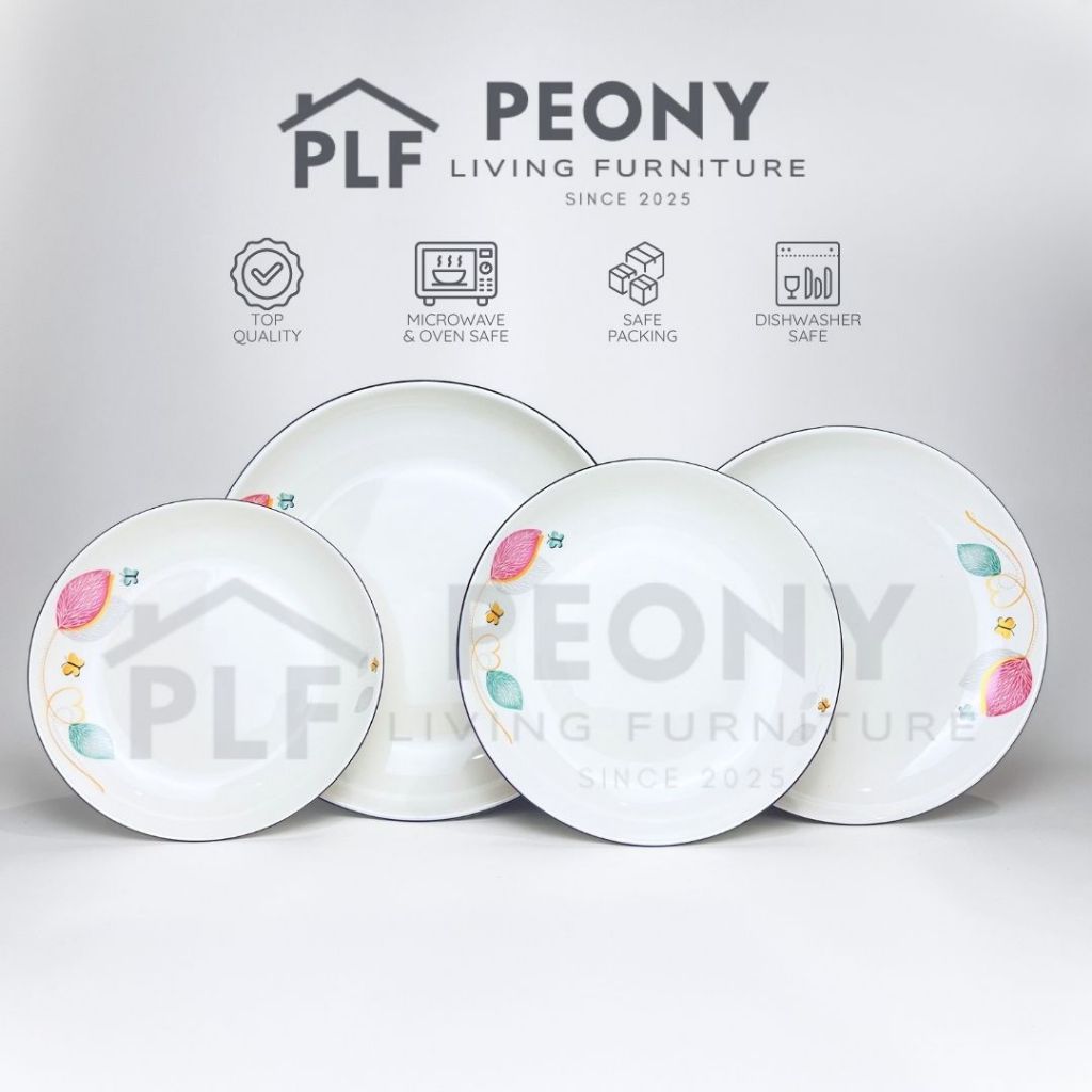 PLF6 - Piring Keramik Motif Daun Pink Hijau - Piring Makan Estetik