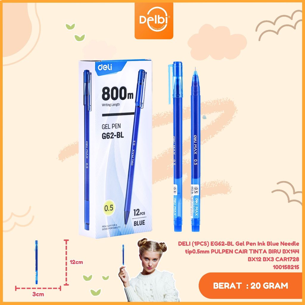 

DELI (1PCS) EG62-BL Gel Pen Ink Blue Needle tip0.5mm PULPEN CAIR TINTA BIRU
