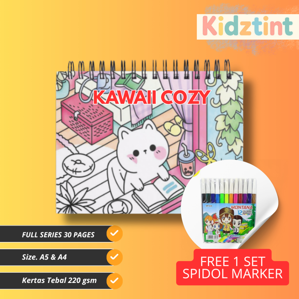 

Kawaii Cozy Coloring Book For Adults Buku Gambar Mewarnai Anak Remaja FREE SPIDOL MARKER