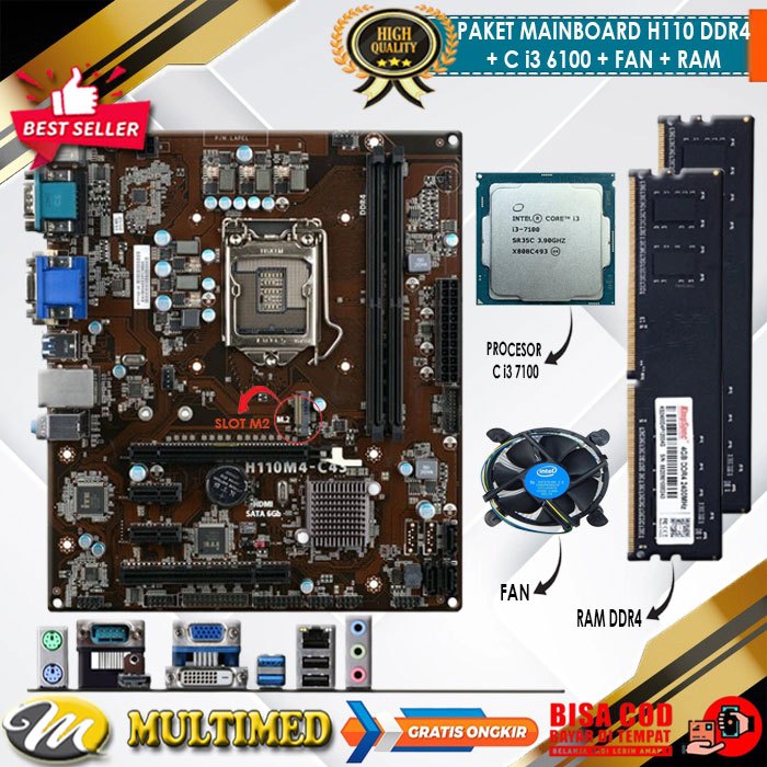 Paket Motherboard H110 LGA 1151 DDR4 + Core I3 7100 + Fan + RAM