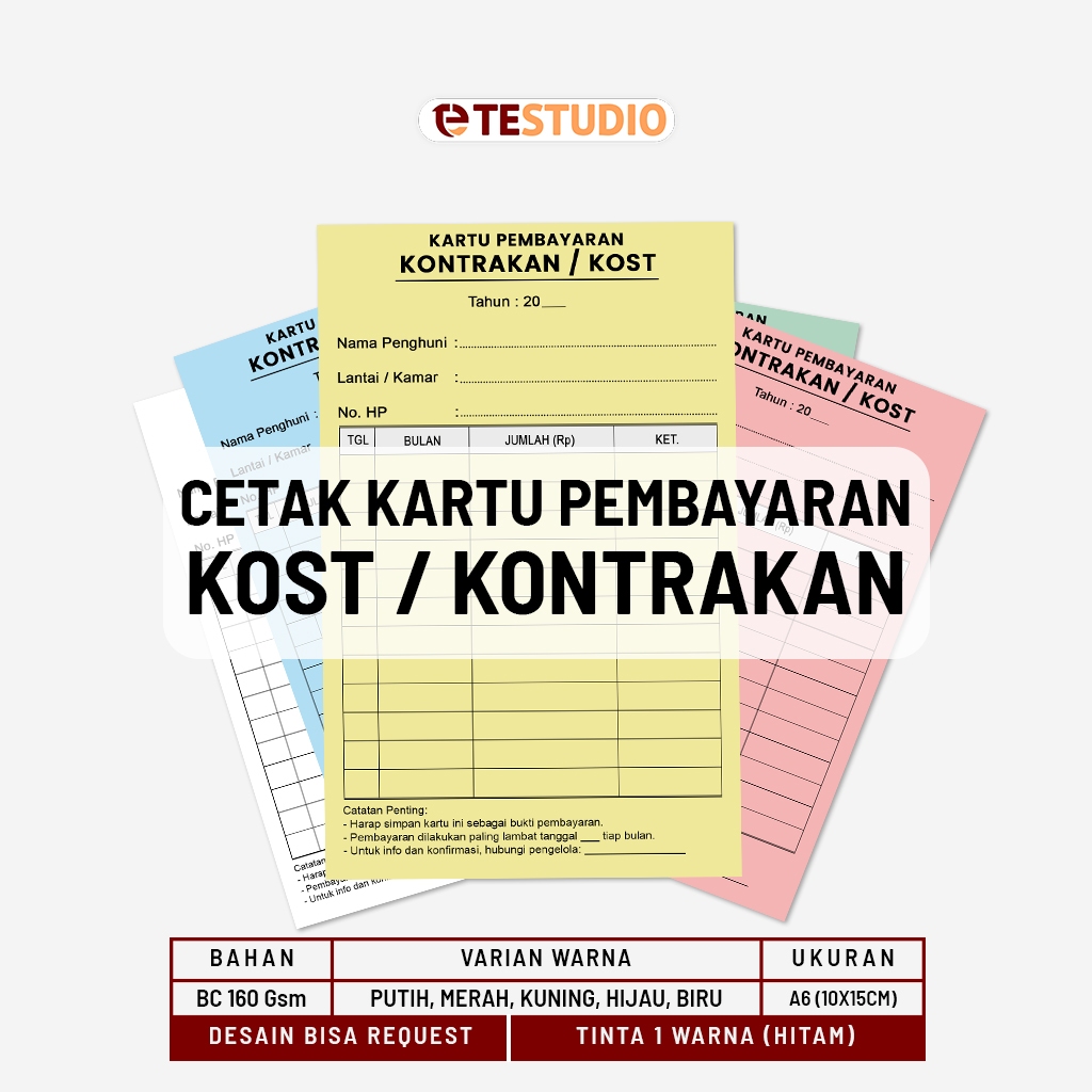 Kartu Pembayaran Kontrakan / Kartu Bayar Kost / Kartu Sewa Bulanan / Kartu Sewa Rumah / Kartu Iuran 