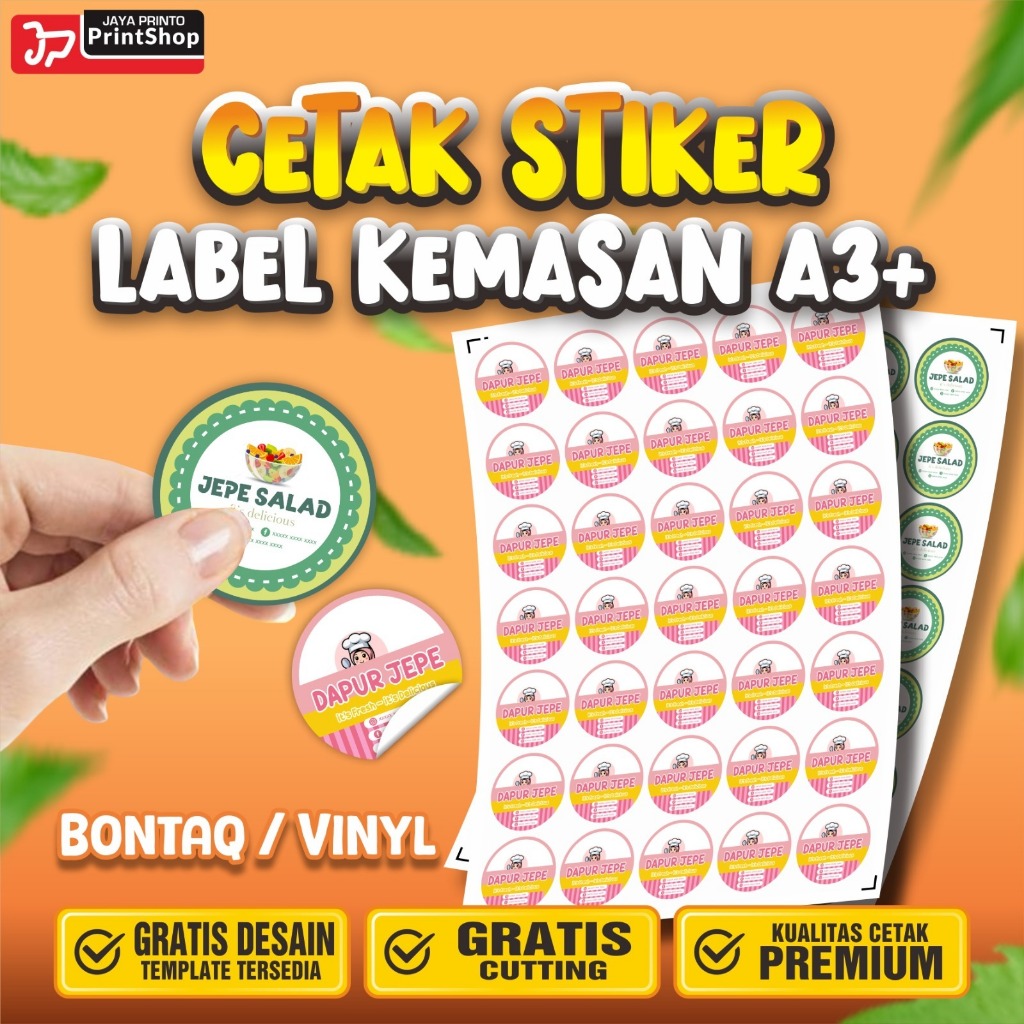 

Cetak Stiker Label Kemasan, Makanan, Minuman Minim Order 5lembar, Ukuran A3+ Bahan Bontaq / Chromo, Vinyl Plus Cutting Murah_STICKER