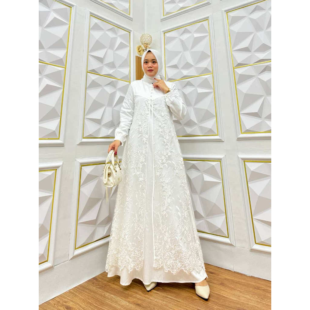 Dress Gamis Ceruty Bukaan Putih Tulang Wanita Busana Muslimah Brukat Busui Mewah Elegan Broken White