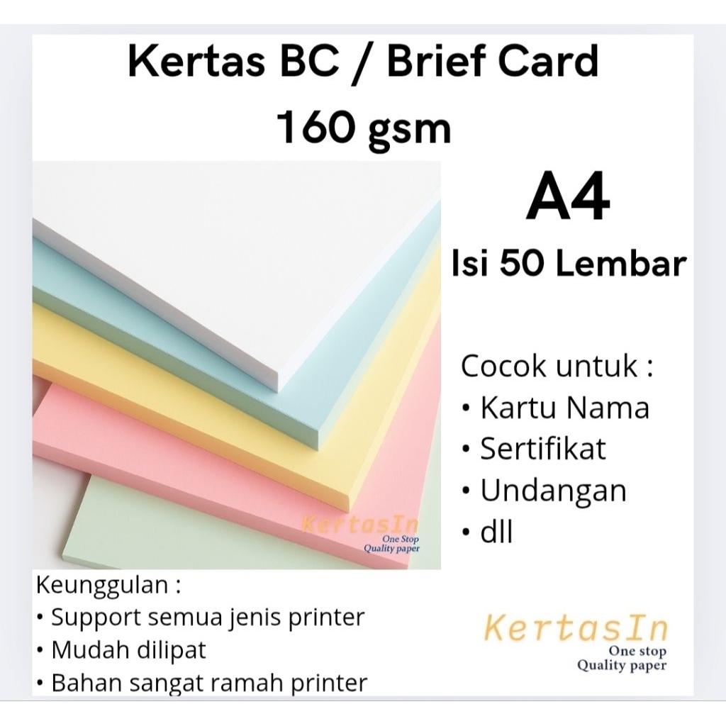 

Kertas BC 160 gsm A4 Isi 50 Lembar Warna Pastel – Karton Manila / Brief Card Tebal - Cocok Untuk Cover, Undangan, Sertifikat dan Kartu Nama.