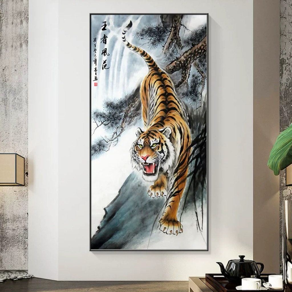 KOKOPAINTING Lukisan Porcelain Diamond 5D Kristal Motif Harimau Kaligrafi Cina / Pajangan Dinding Ru