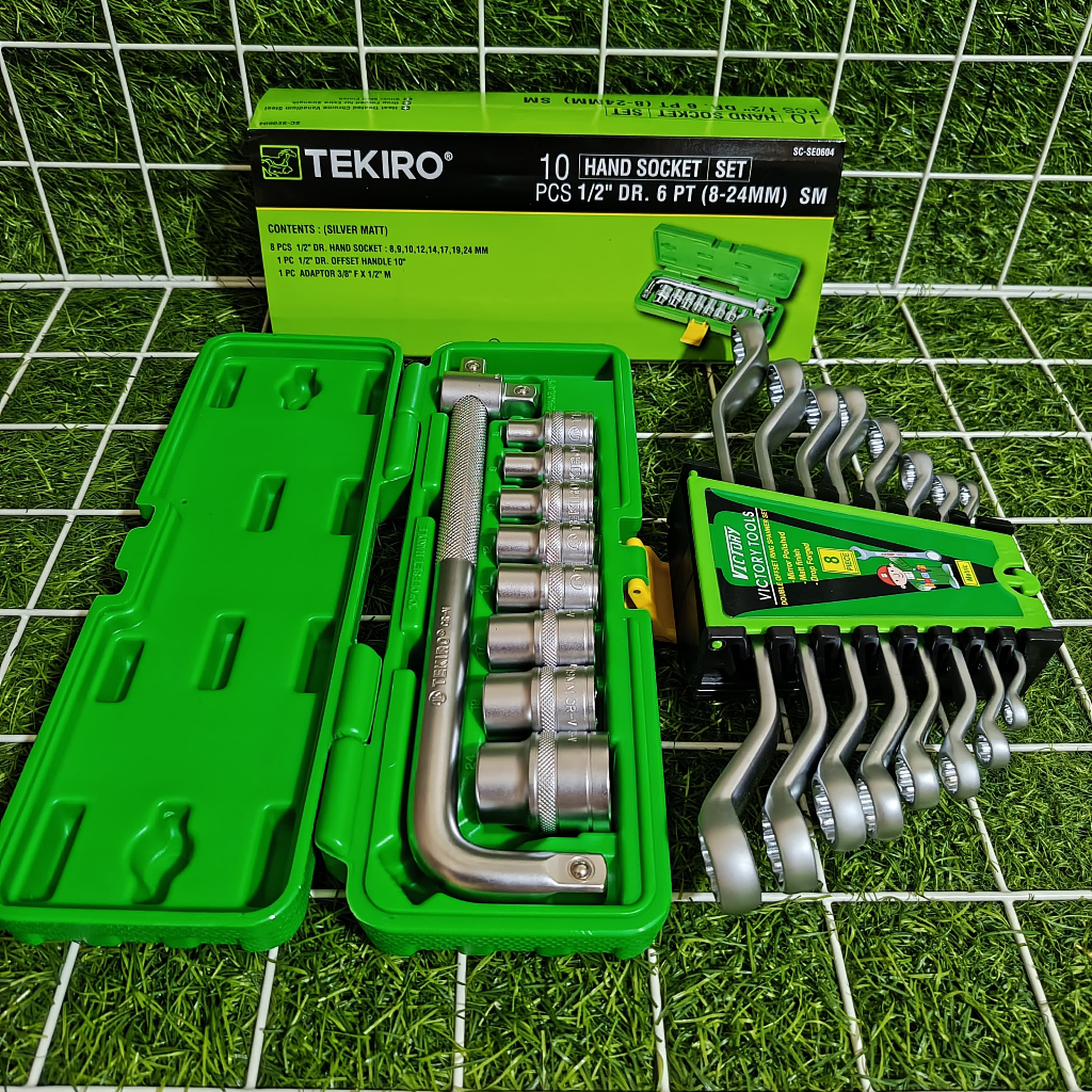 Paket Kunci Shock Sok Set 10 Pcs Merek Tekiro 1/2DR 8-24mm 6pt + Kunci Ring Set 8pcs 6-22mm Victory
