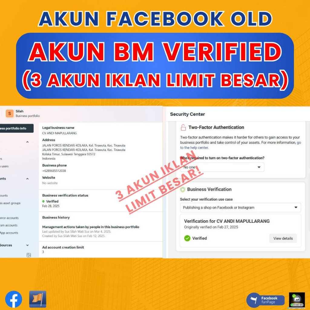 BUSINESS MANAGER VERIF RESMI + 3 AKUN IKLAN LIMIT BESAR + AKUN FACEBOOK TUA