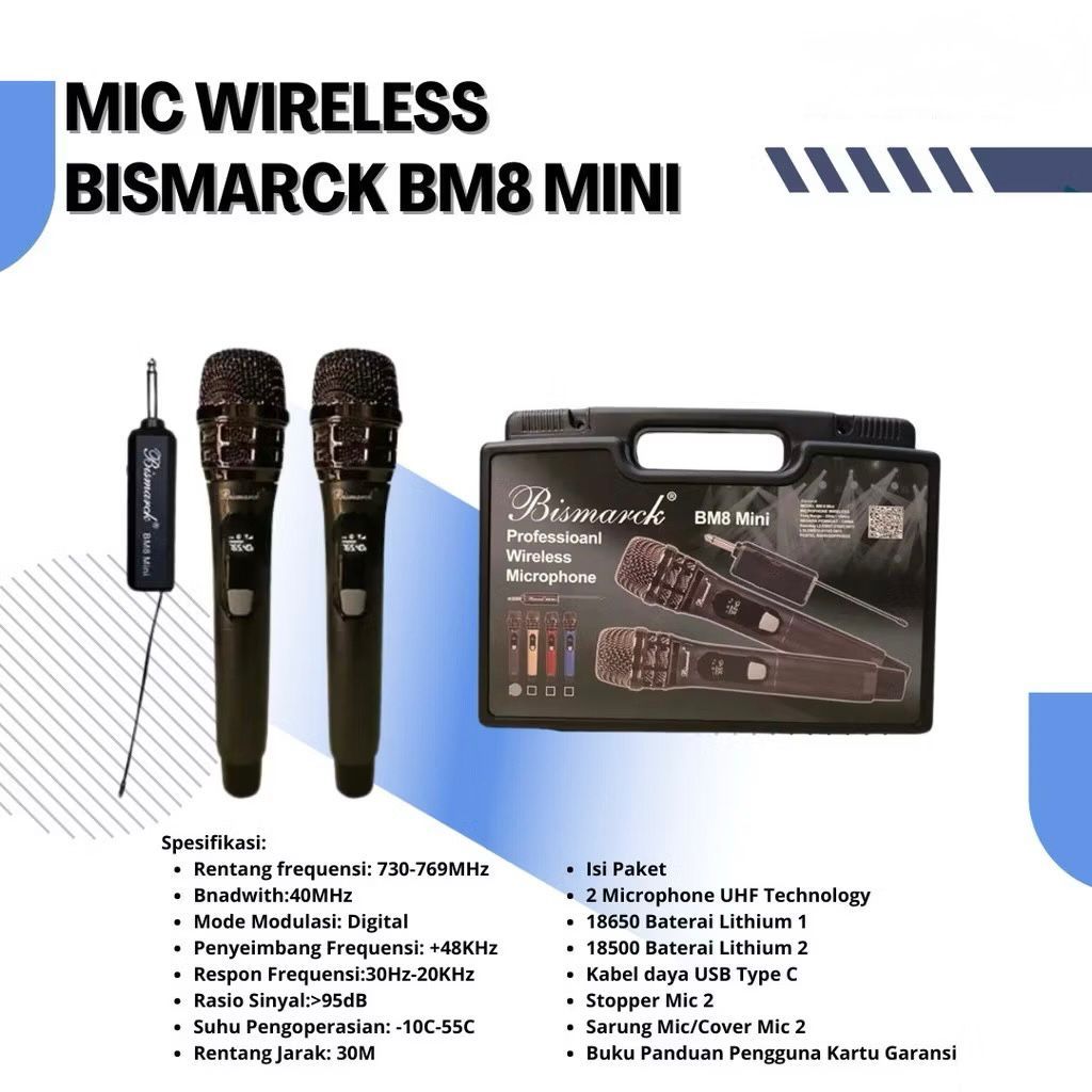 ORIGINAL SET MICROPHONE BISMARCK PROFESSIONAL WIRELESS MICROPHONE BM8 MINI BM 8
