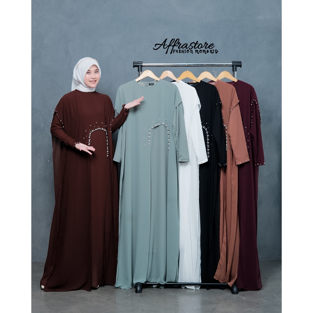 Affrastore azkia abaya bahan ceruty babydoll warna mahogany sage burgundy hitam moca putih