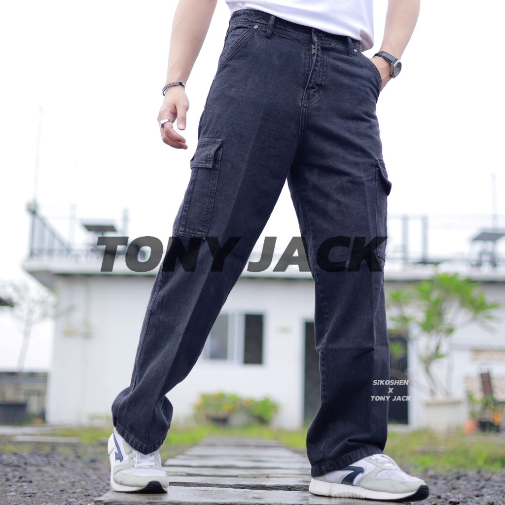 Tony Jack Cargo Pants Rugged Black - Celana Cargo Loose Jeans Pria Baggy Fit