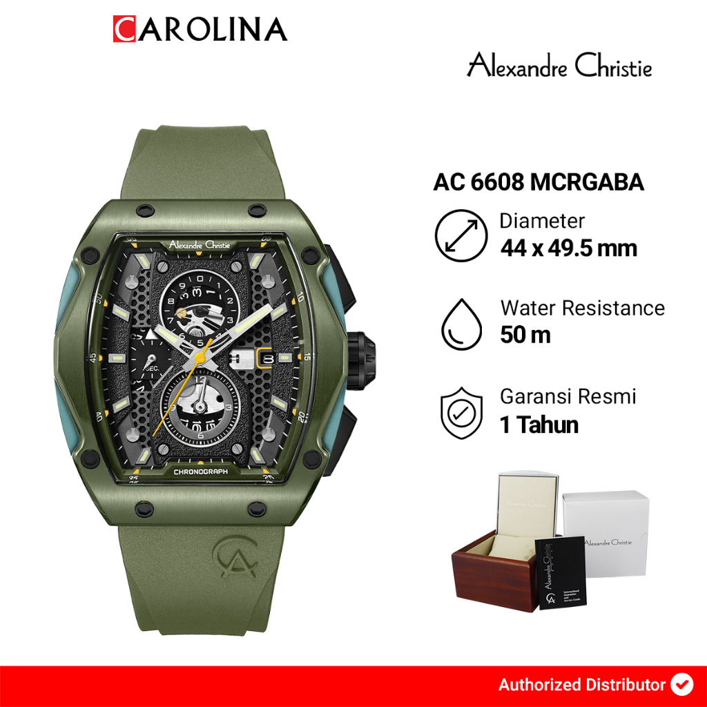 Jam Tangan Pria Alexandre Christie Chronograph AC 6608 MCRGABA Black Dial Green Rubber Strap