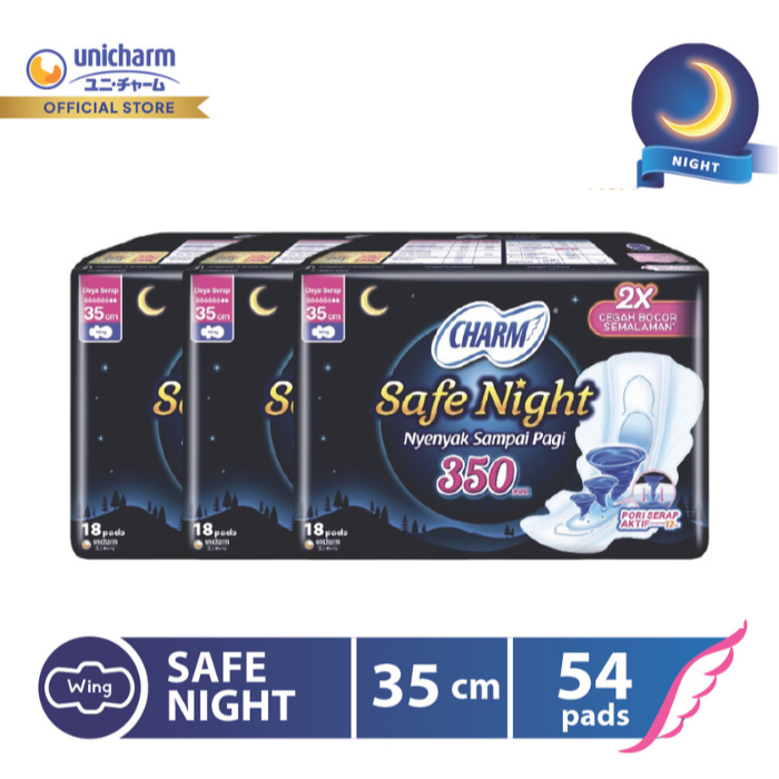 Charm Pembalut Safe Night 35cm Wing 18 pads - 3 packs