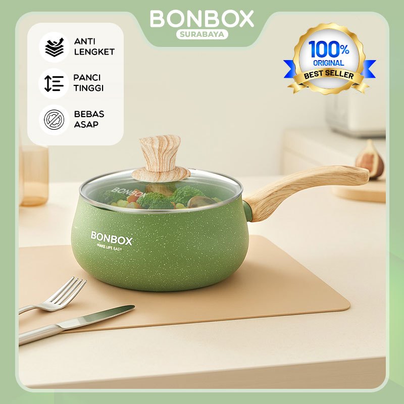 BONBOX Panci Anti Lengket Serbaguna dengan Tutup Kaca Non-Stick Pan 20cm Green Series BKE41201