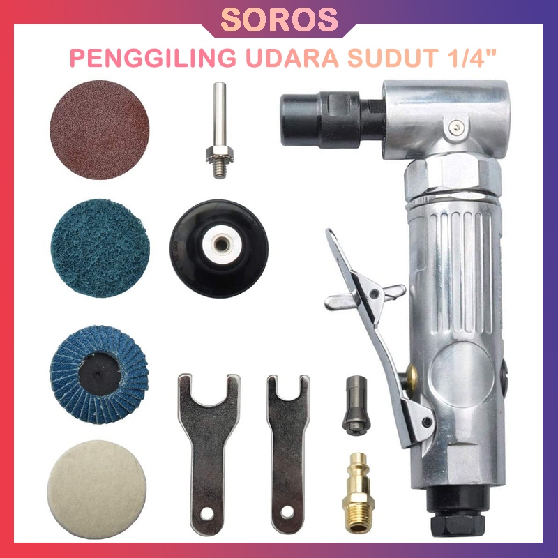 SOROS Penggiling mati pneumatik sudut 1/4 inci, 20000 RPM, set penggiling mati pneumatik sudut 90 de