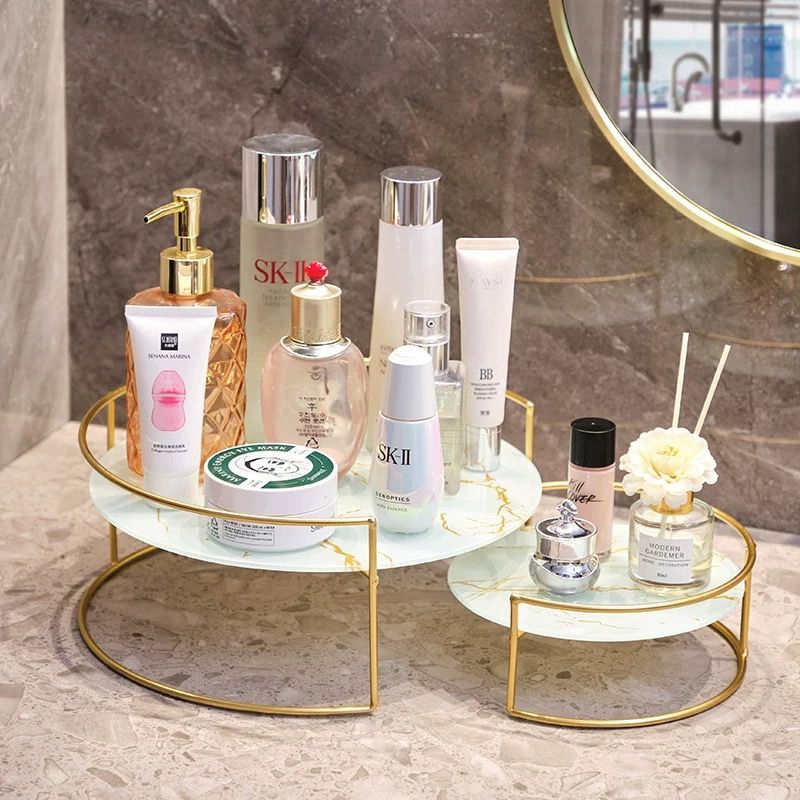 Rak Tempat Kosmetik Meja Minimalis Bulat 2 Susun Gold Marble / Tempat Serbaguna Meja