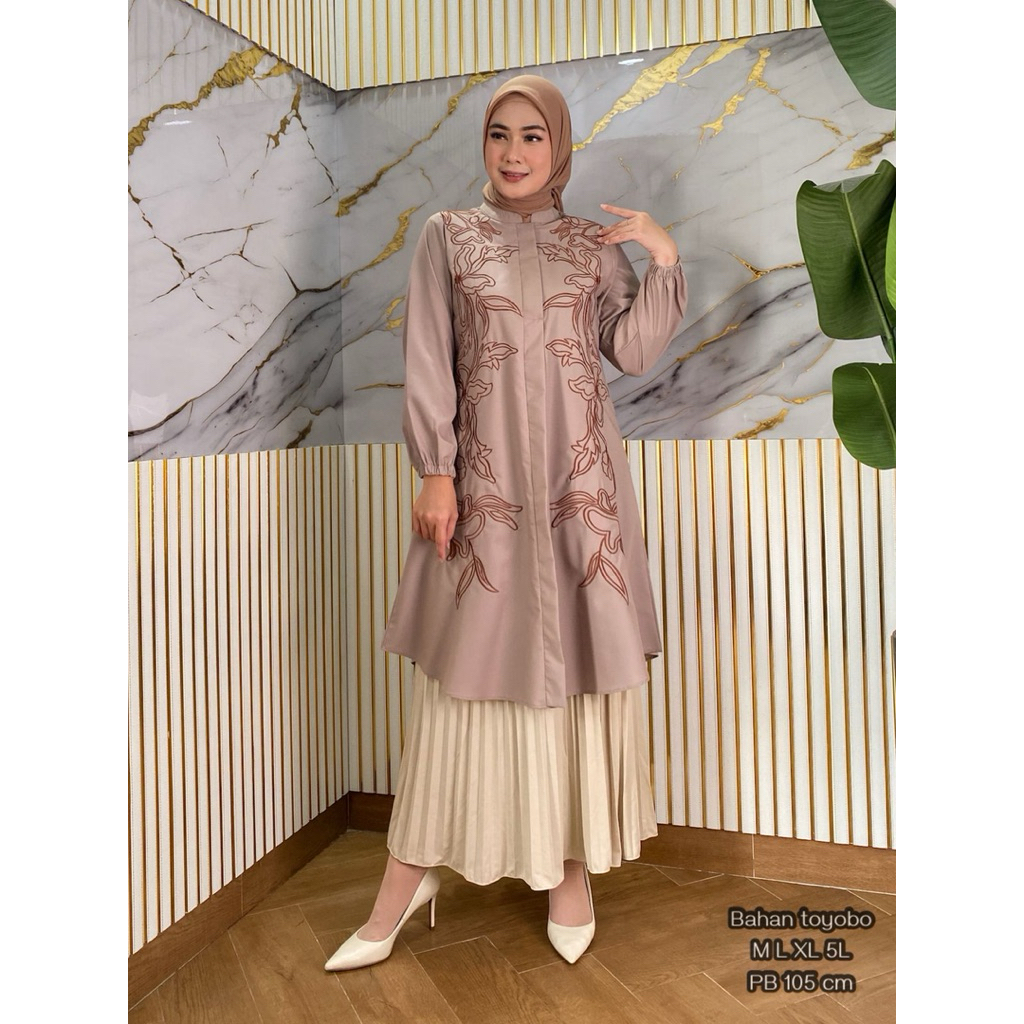 LONG TUNIK BORDIR BAHAN TOYOBO FODU || BUSANA WANITA MUSLIM TERBARU BAHAN TOYOBO