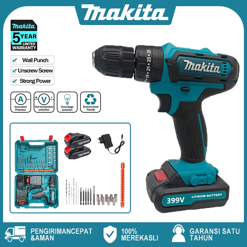 MAKlTA Mesin bor 2baterai cas bor listrik murah bor tangan baterai besi tembok Beton kayu Cordless D