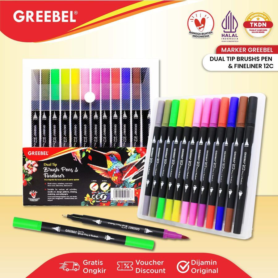 

GREEBEL Dual Tip Brush Pen Color / 12 Warna / Pena Kuas Warna / Spidol Set Marker Drawing Pen Stationery