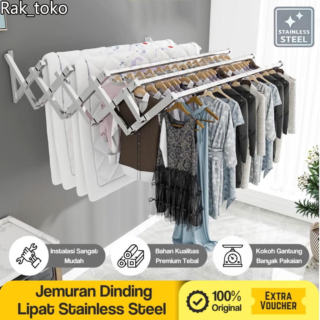 mocafeka - jemuran baju dinding tempel lipat rak jemuran tembok stainless