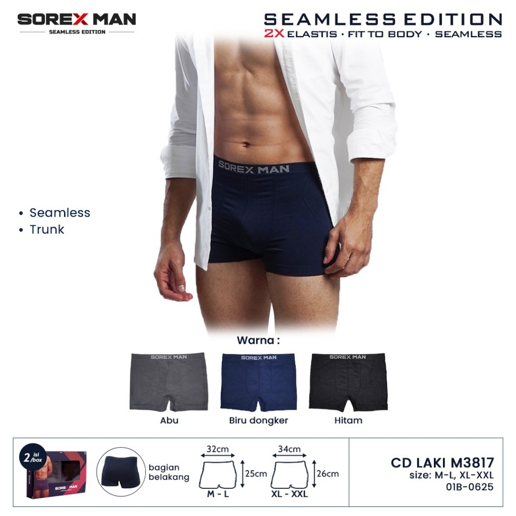 (1 Kotak isi 2 Pcs ) Sorex Man Trunk Boxer Seamless Pria CD LK M3817 ( M 3817 )
