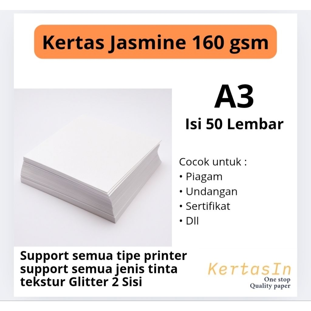 

Kertas Jasmine Fancy Paper 160gsm A3 Isi 50 Lembar – Kertas Mewah Untuk Undangan Sertifikat Piagam.