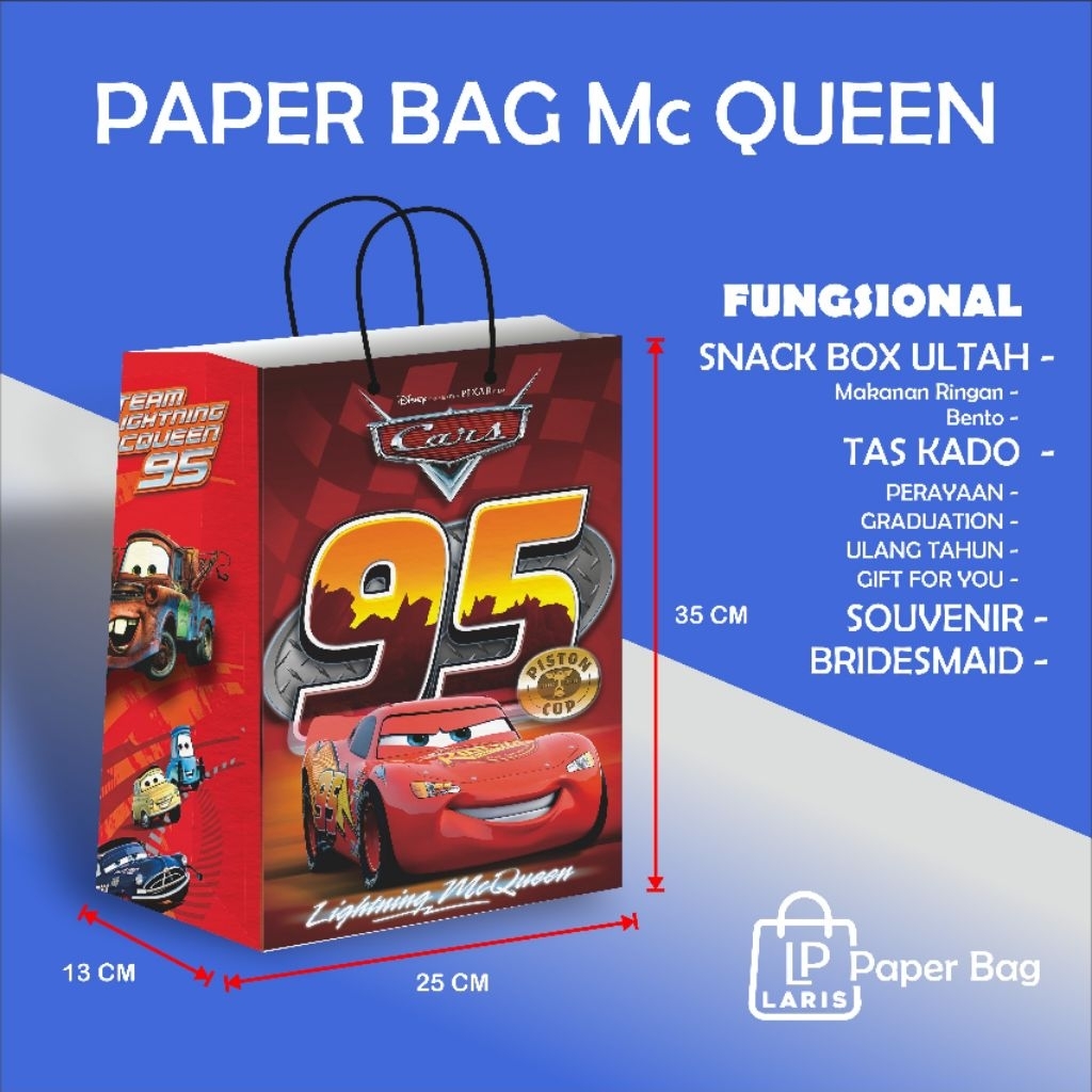 

Grosir/satuan Paperbag Ulang Tahun Motif Mc Queen Ukuran 25×13×35 cm