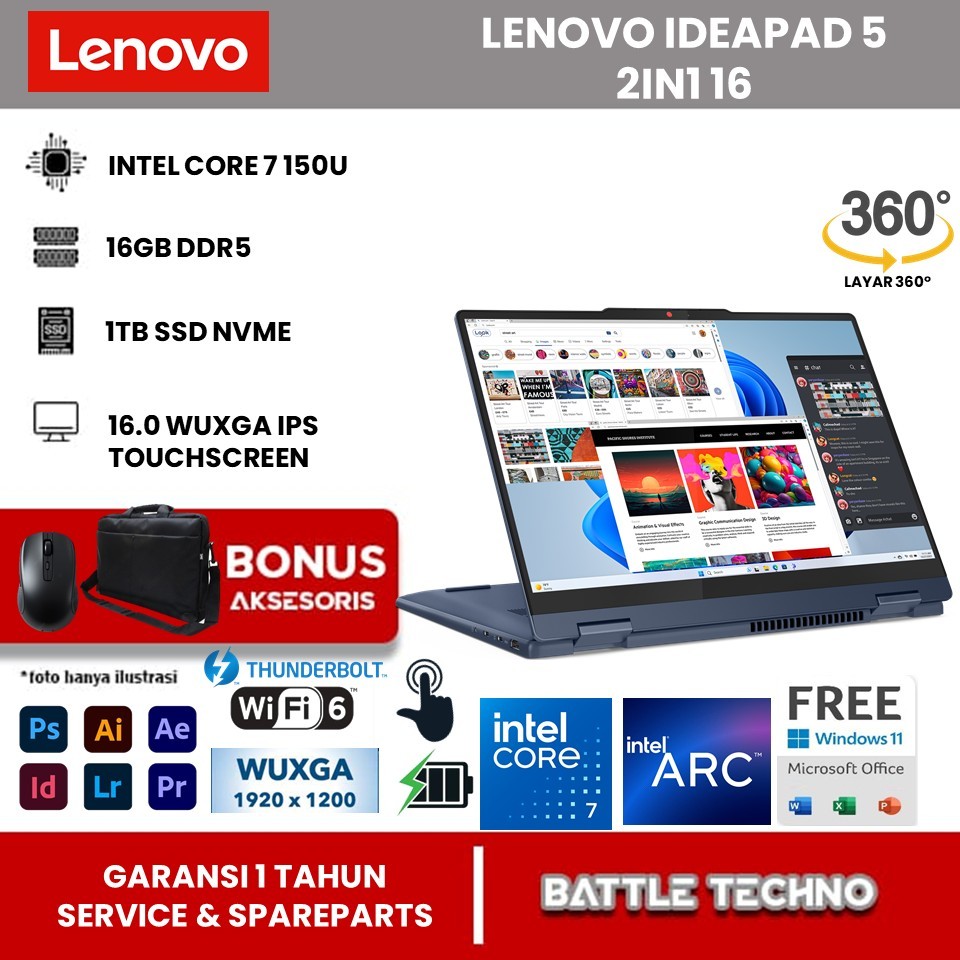 Laptop Terbaru Lenovo Ideapad 5 2in1 Intel Core 7 150U Ram 16GB DDR5 1TB SSD NVME WUXGA IPS WIN11