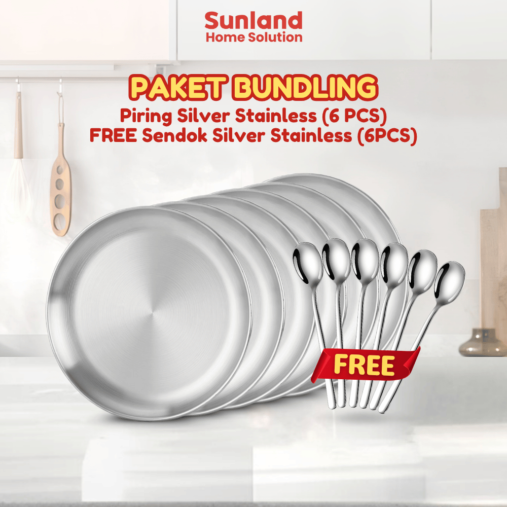 Sunland Home Solution - PROMO Beli 6 Piring Gratis 6 Sendok Makan SILVER | Piring Makan Sultan Stain