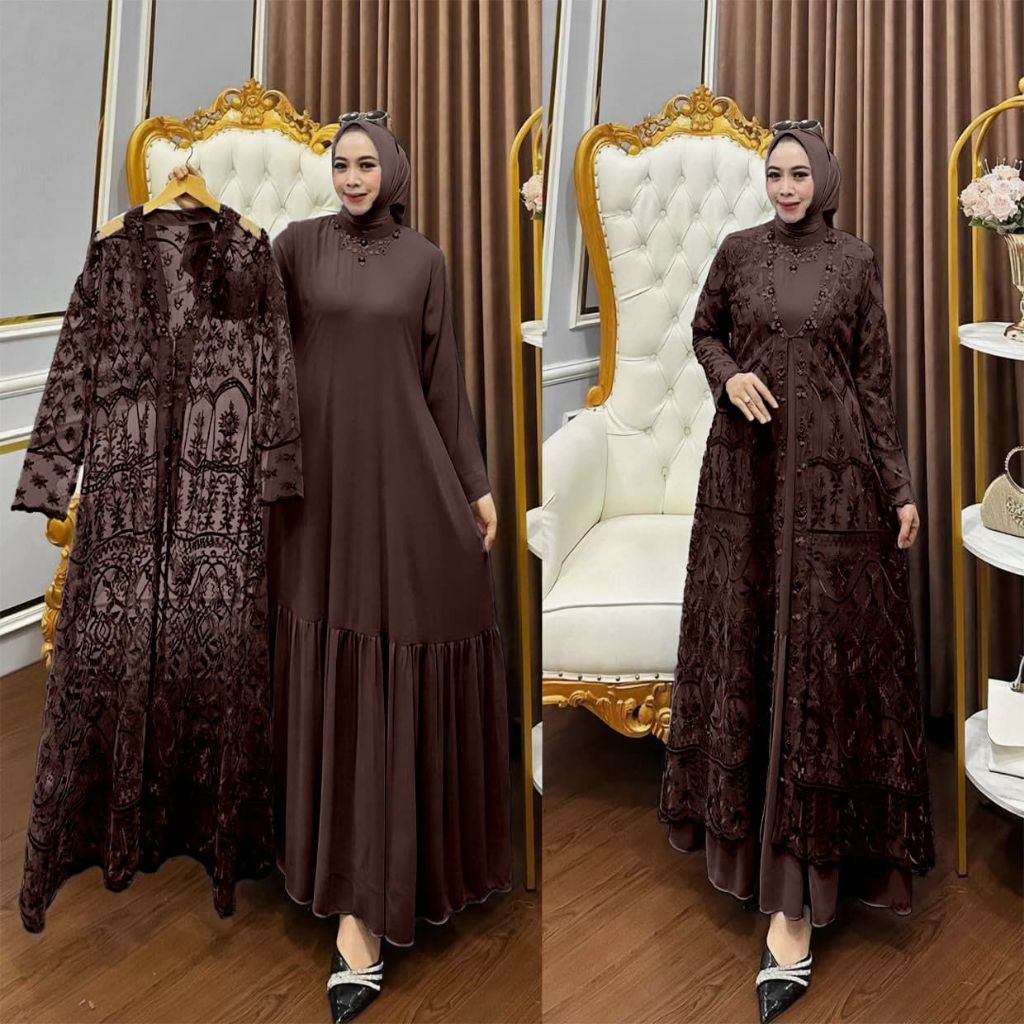 Gamis Brokat Mewah 2026 Arimbi Set Dress Gamis Outer Brukat Premium Gamis Kondangan Mahogany Baju Ga