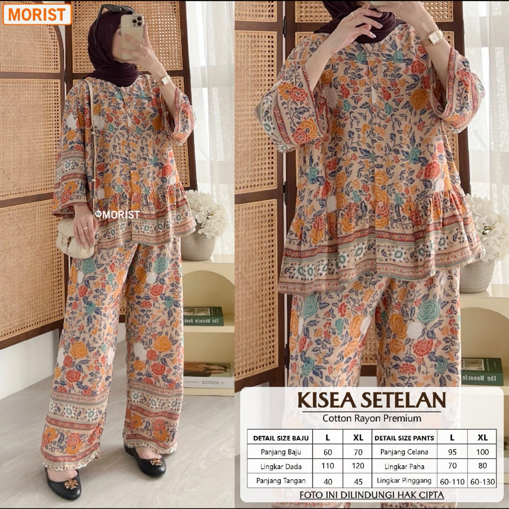 Setelan Baju Lengan Panjang dan Celana Panjang KISEA – One Set Modern Motif Bunga Bahan Rayon Premiu