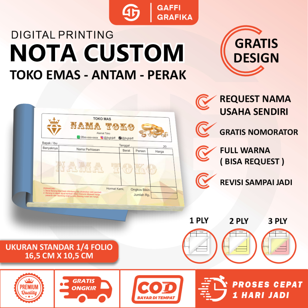 

Nota custom toko emas gratis design full warna ukuran 1/4 folio 1 ply 2 ply 3 ply kwitansi mini gold
