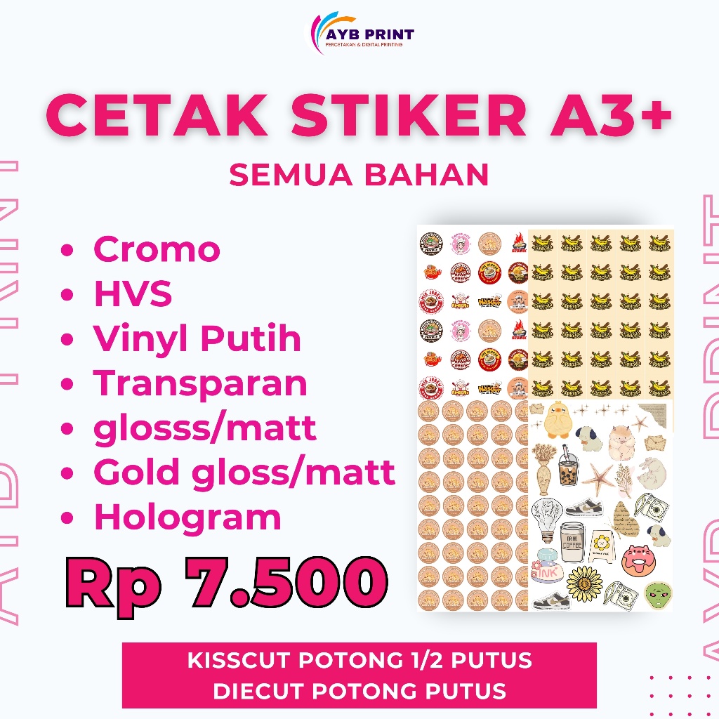 

Cetak Stiker A3+ Custom Murah – Cromo, Vinyl, Transparan, Hologram, Gold – Bisa Kisscut & Diecut