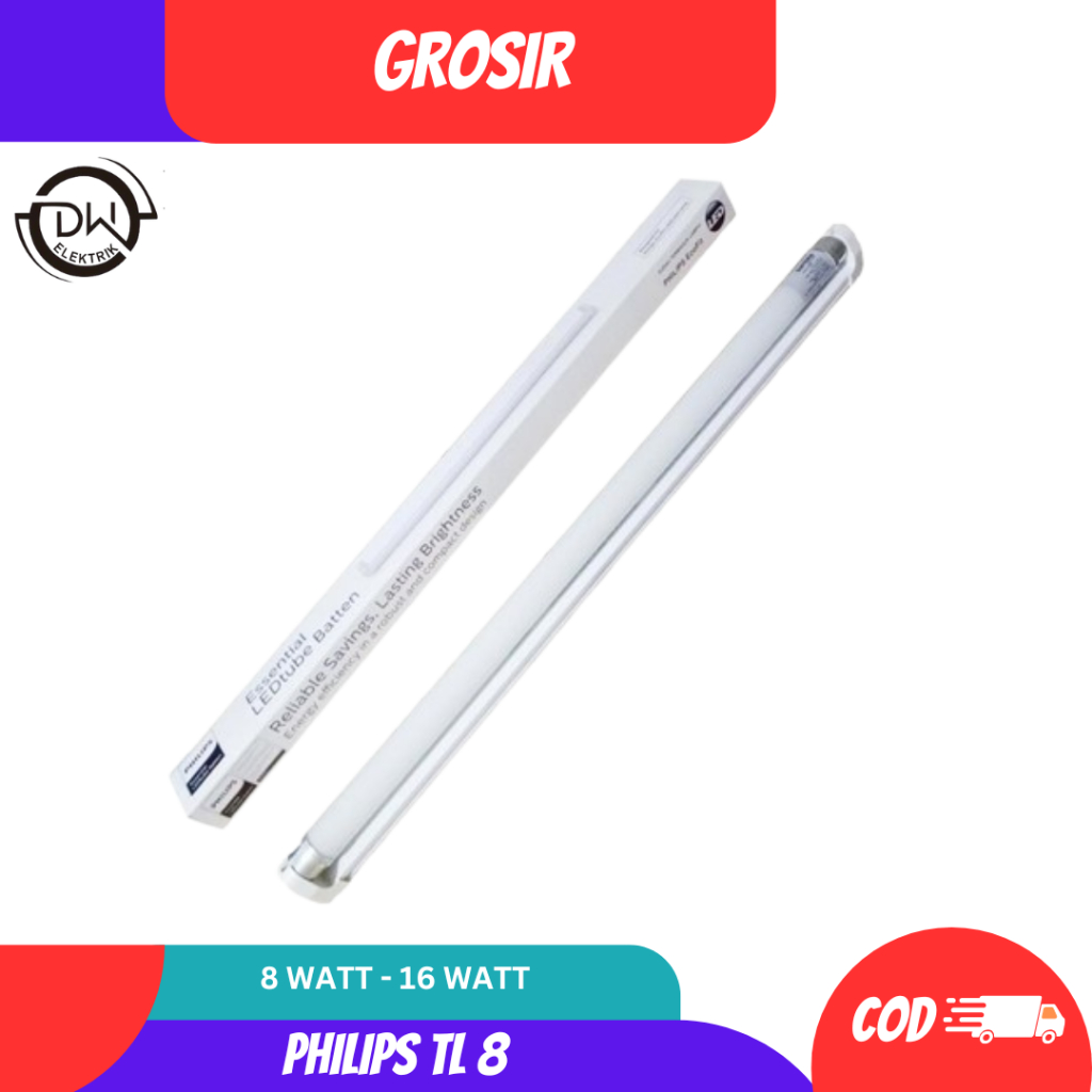 GROSIR per 20pcs Lampu PHILIPS BN015 8Watt & 16Watt/ PHILIPS Lampu TL LED Ecofit + Kap/Set