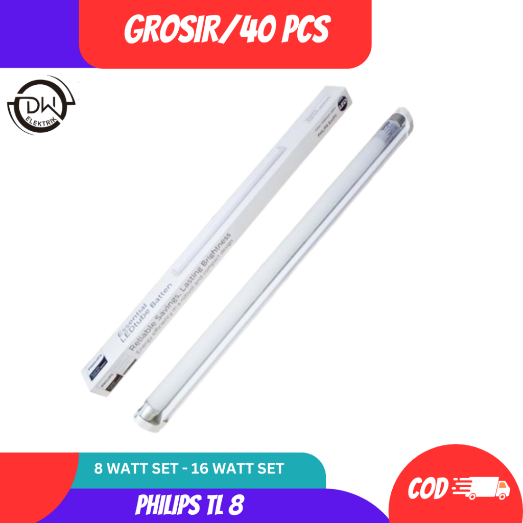 GROSIR per 40pcs Lampu PHILIPS BN015 8Watt & 16Watt/ PHILIPS Lampu TL LED Ecofit + Kap/Set